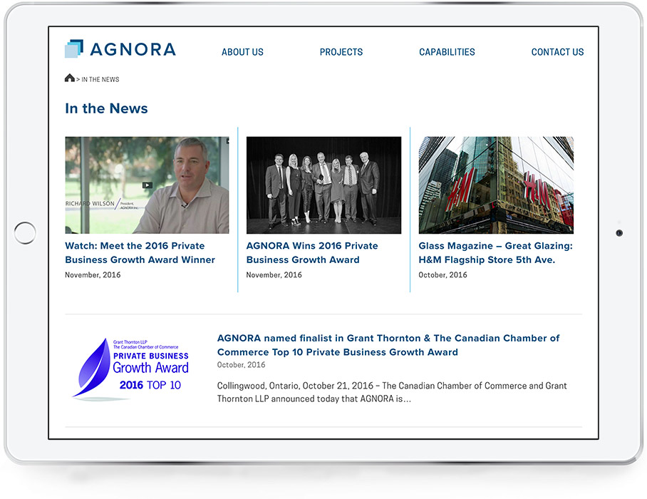 Mock up of Agnora News Page on an iPad