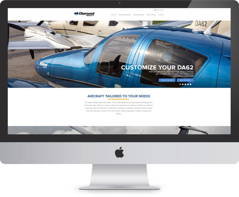 Desktop mock up of Diamond Aircrafts website