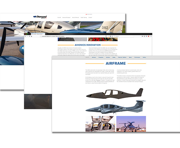 Mock up of various pages within the Diamond Aircrafts website