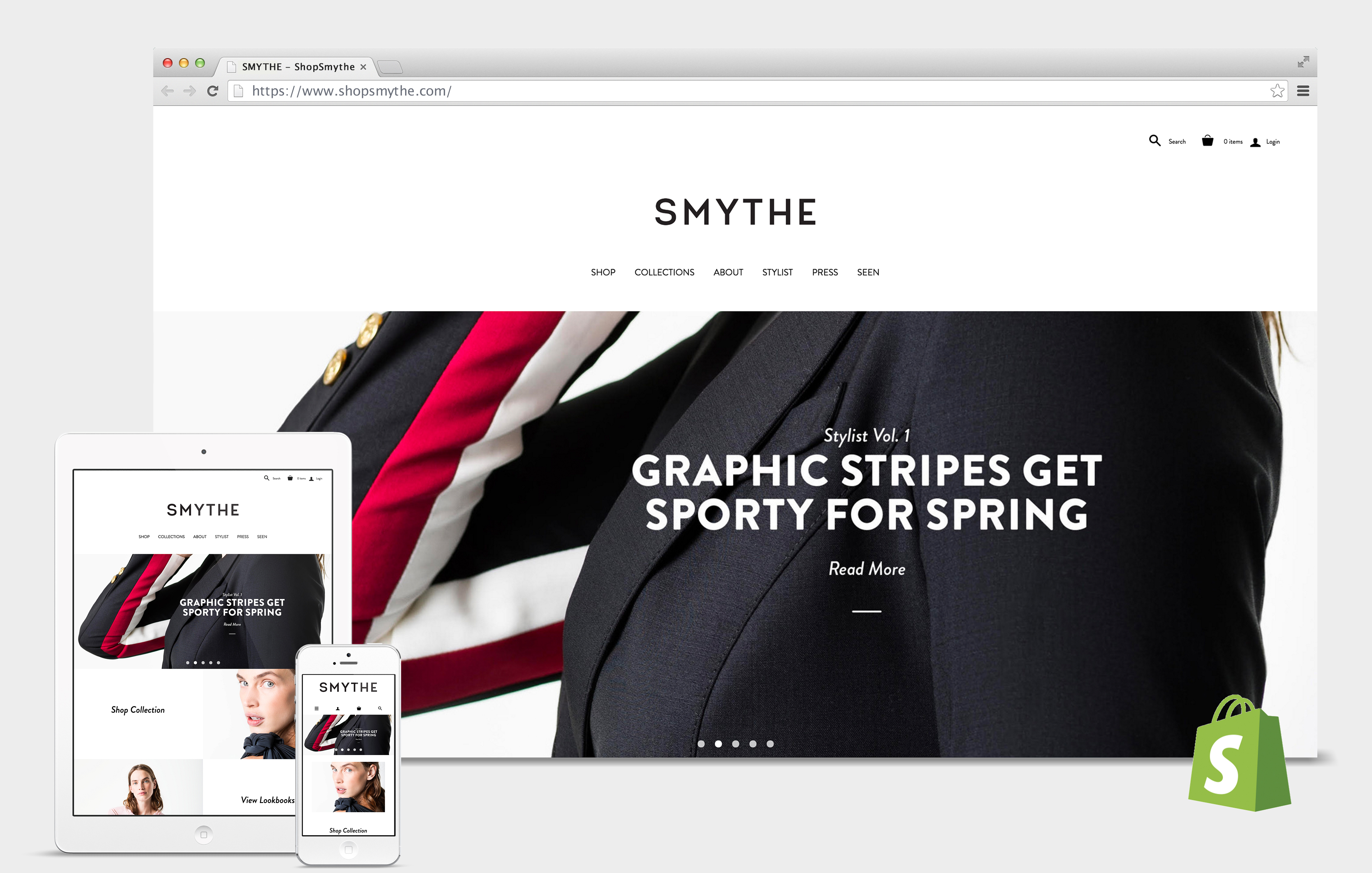 Mock up devices with the SMYTHE website on them. Features a desktop view, tablet view, and phone view.