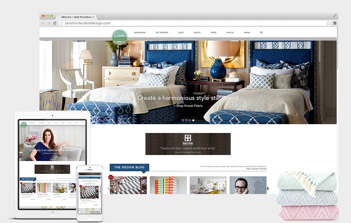 Sarah Richardson Design website on them. Features a desktop view, tablet view, and phone view.